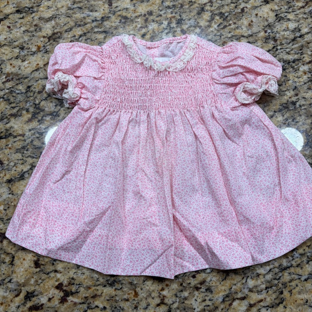 Vintage Winnie the Pooh Pink Floral Smocked Lace Trim Baby Dress Sears 2T